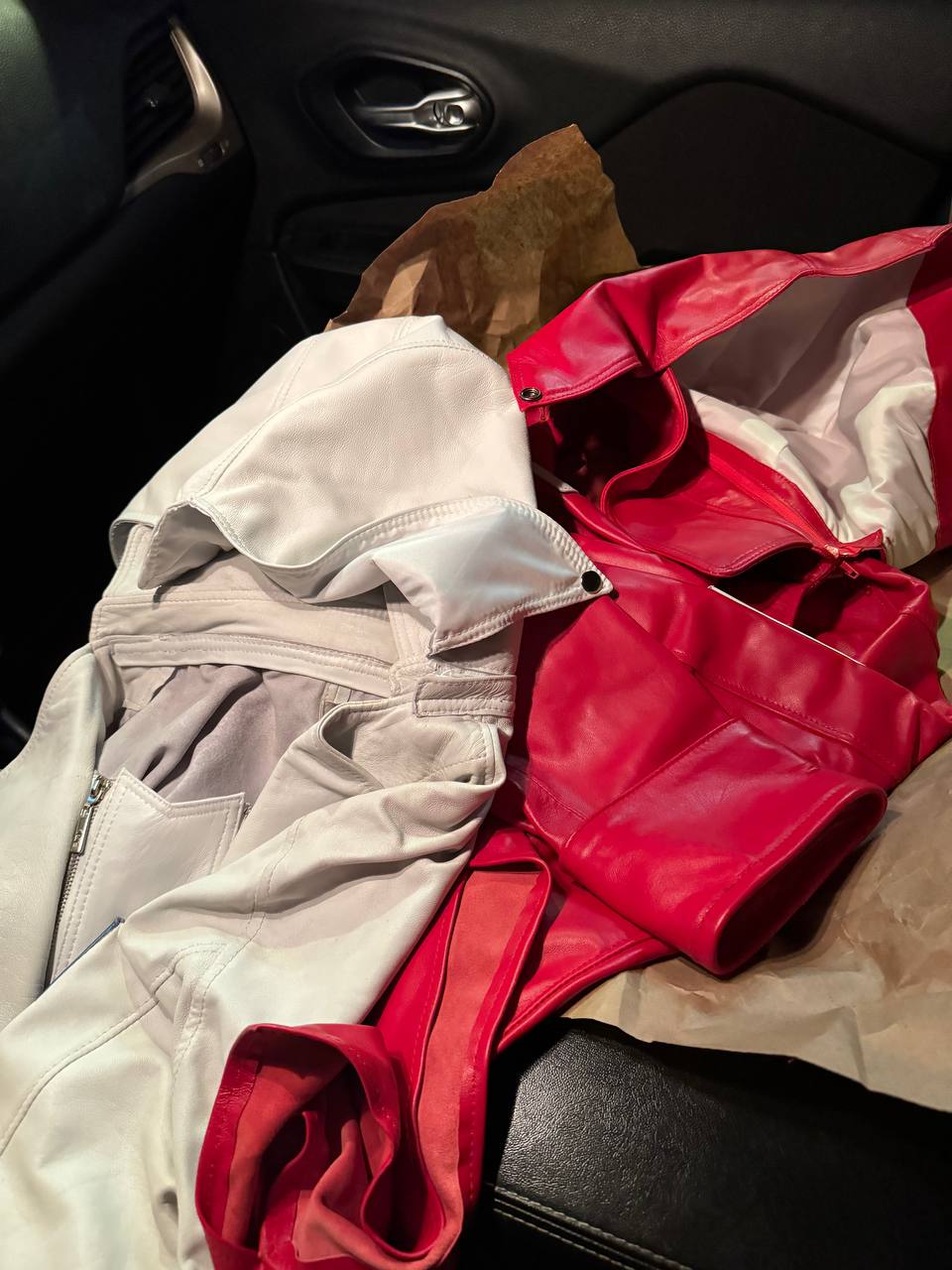 red and white leather jackets